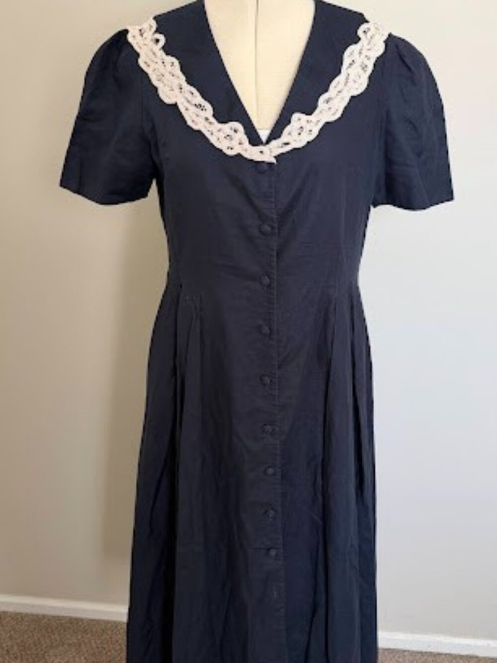 Vintage LAURA ASHLEY 1990 Navy Lace Trim Sailor Blue Dress size 8